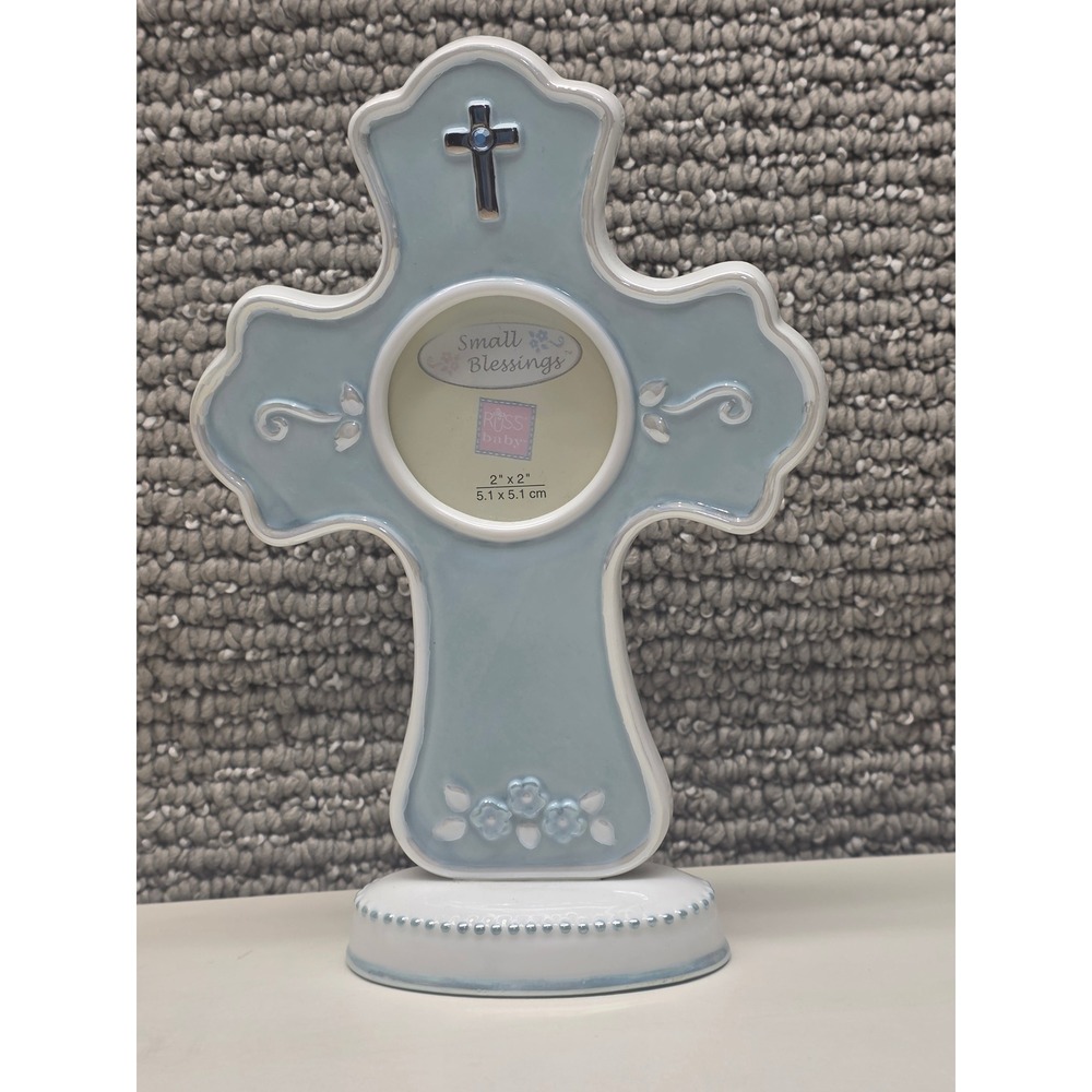 Vintage Style Ceramic Floral Cross Figurine Light Blue White Beaded Base Heart